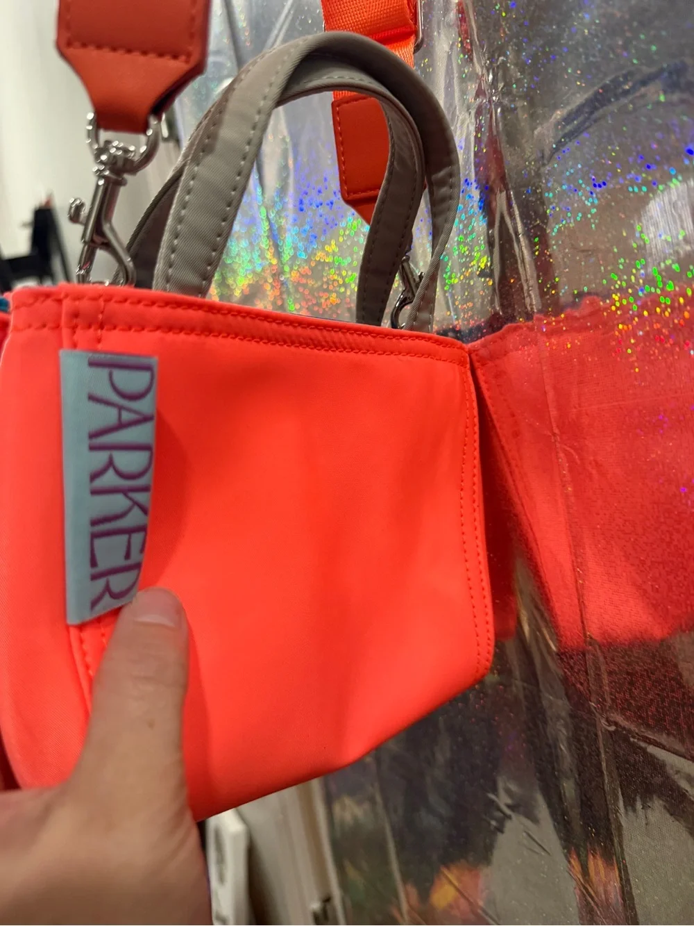 Edie Parker Neon Coral Mini Tote Crossbody Bag Orange Blue Nylon